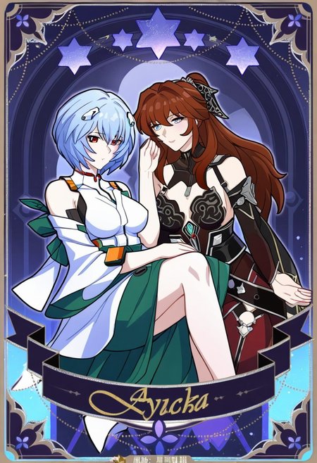 HONKAI STAR RAILWAY TAROT,
extreamly detailed, complex detailed background, BREAK, 
2girls, Ayanami Rei, Asuka, beautiful detailed face,