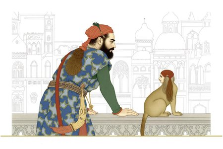 olgadugina1 illustration. 
On the left is a bearded Middle Eastern man, shown in side profile, wearing traditional Ottoman or Arabian attire. He stands on a balcony with his hand on the railing. He wears a patterned garment and red headpiece. On the right is a small creature with the head of a woman but the body of a monkey, standing on the railing. The background shows buildings with arched windows and detailed structures. <lora:olgadugina2_cap_d6a3e9:1.0><lora:858117603967682746:0>