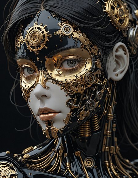 Manga style, portrait of a female human figure made of black bakelite with gold, platinum and bronze inlays on the face, mechanical parts of precision clockwork and robotics, natural and artificial mix, dark background, hard shadows, hyperrealistic, hyperdetailed <lora:Sinozick:1> <lora:add-detail-xl:1>