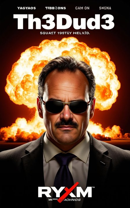 Moview Poster for an action movie featuring YFG-Th3Dud3. His face is shown wearing shades and behind his face is an expolosion. The title ("Th3Dud3":1.25) is written in bold large letters. Beneath in slightly smaller letters, the studio name "YFG-RYXM STUDIOS"