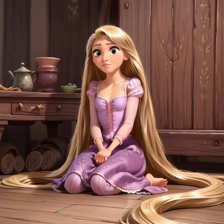 score_9, score_8, score_7, score_6, Rapunzel, 1girl, R_punzel, very long hair, sitting on the floor, barefoot