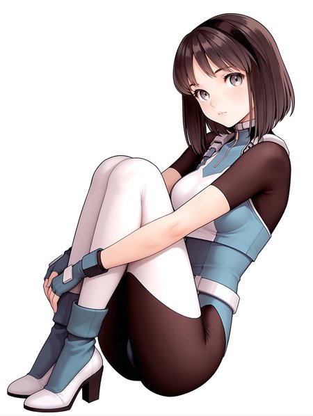 masterpiece,best quality,newest,
1girl,solo,
<lora:nagase_mari_ilxl_v1.0:1>,mari,black hair band,bob_cut,brown hair,grey eyes,
r_suit,turtleneck,skin tight,bodysuit,crop top,short sleeves,fingerless gloves,leotard,high heels,shoes,<lora:Fixhands_anime_bdsqlsz_V1:1>,looking at viewer,hugging own legs,white_background,simple_background,