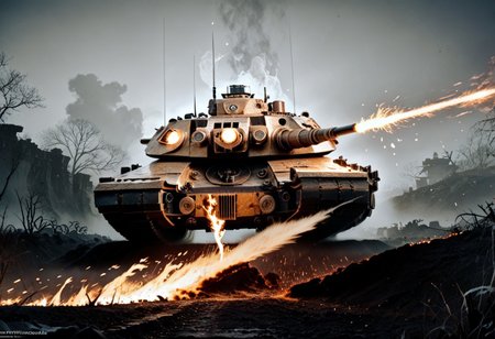 score_9, score_8_up, score_7_up, score_6_up, score_5_up, score_4_up, rating_safe,source_photorealistic,RAW,cinematic shot,cinematic film still cinematic photo ,film grain,a tank in a battlefield with fire and explosions in a torrential downpour