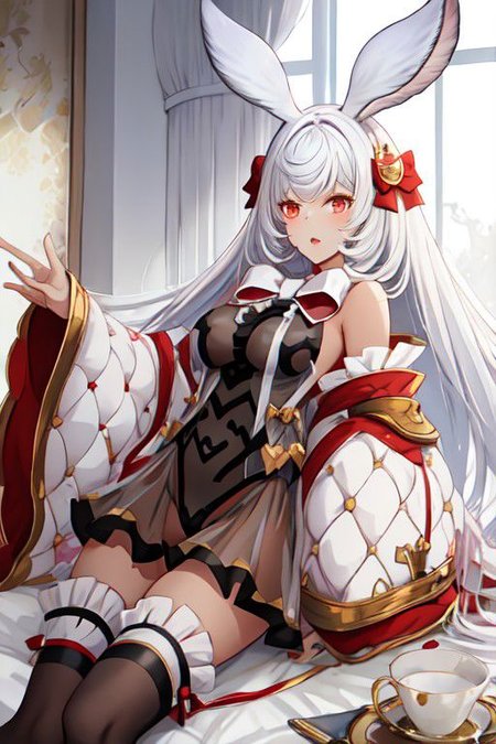 makuradef, rabbit ears, hair bow, black leotard, frills, detached sleeves, white thighhighs