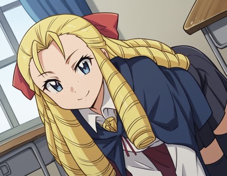 score_9, score_8_up, score_7_up, source_anime,
montmorencymargaritalaferedemontmorency, <lora:montmorency-margarita-la-fere-de-montmorency-s3-ponyxl-lora-nochekaiser_r2:1>,
montmorency margarita la fere de montmorency, long hair, blonde hair, bow, hair bow, drill hair, forehead, freckles, hair pulled back, ringlets,
skirt, thighhighs, long sleeves, collared shirt, white shirt, black skirt, cape,
indoors, classroom, bent over, smile,
looking at viewer, cowboy shot, solo, dutch angle