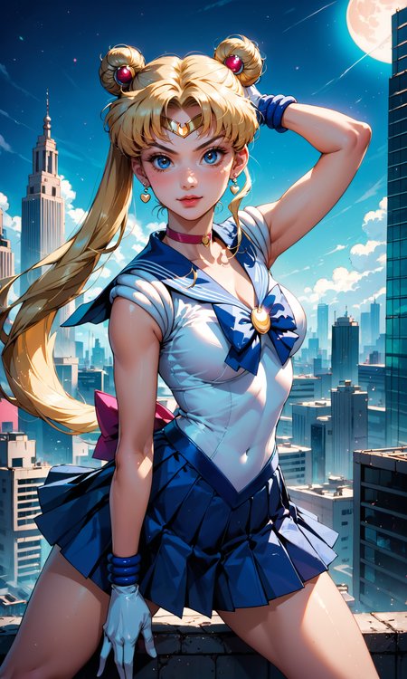 4n1v3rs3  score_9, score_8_up, score_7_up, BREAK
Tsukino Usagi, throwing Moon Tiara, Sailor Moon outfit, dynamic pose, intense expression, magical energy, cityscape background, high detail, photorealistic, vibrant colors
white gloves,  blue pleated skirt, blonde hair, flexible,