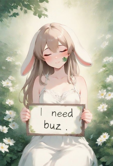 best quality,masterpiece,absurdres,newest,
(coinp,color ink painting:1.2)
An anime girl with soft, floppy bunny ears and long, light brown hair, wearing a flowing white sundress, sits peacefully in a sun-drenched, overgrown garden. Morning light filters through the leaves, creating dappled patterns on her face and dress. She gently holds a small, sleeping, fantastical bunny creature in her lap. Surrounded by blooming white wildflowers and lush greenery. Painterly style, soft focus, warm and serene atmosphere, gentle expression,need_buzz, holding sign with "need buzz"