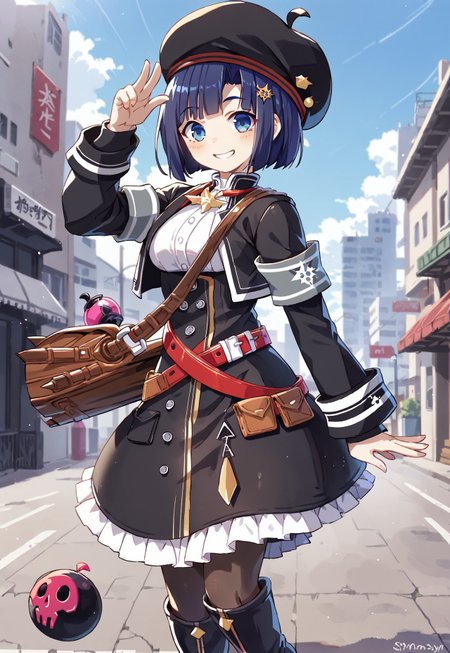 safe_pos, source_anime, score_9,score_8_up, score_7_up,score_6_up, 

1girl, 

sn0w_wh1t3_ms, base_fit, blue hair, short hair, blue eyes, medium breasts, black beret, black jacket, black dress, buttons, gray armband, red belt, medallion, black boots, pantyhose, belt pouch, brown bag, potion, bombs
 
dynamic pose, cowboy shot, smile

city