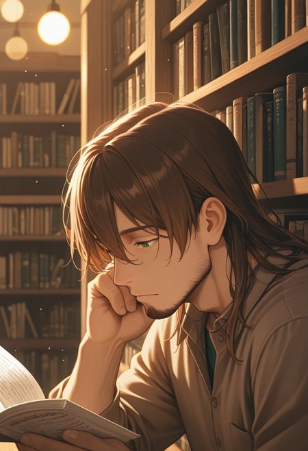 1boy, mbti_infp, mature man, long brown hair, green eyes, in bookstore, reading, bookshelves, soft light, intellectual, thoughtful, cool, stylish, aesthetic, detailed background, highres, masterpiece, best quality, bokeh