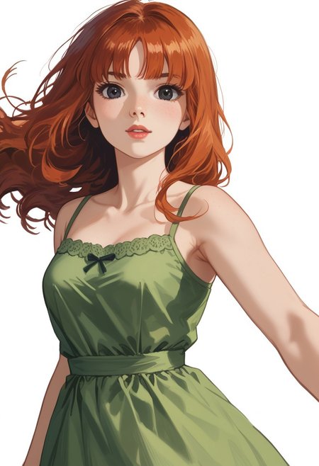 score_9, score_8_up, score_7_up, detailed, detailed body, detailed face, source_anime,
Expressiveh,  BREAK,
white background, simple background,  BREAK,
1girl, lisia, black eyes, ginger hair, green sundress.
looking at viewer, posing,