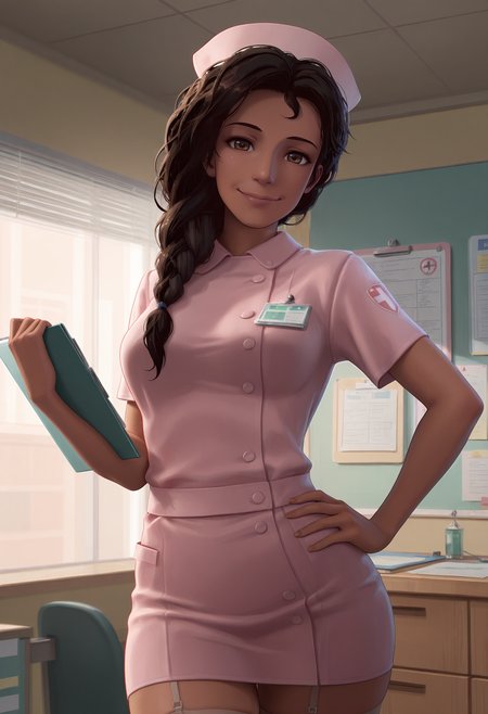 1girl,solo,Rio,mature female,dark skin,long hair,brown hair,braid,brown eyes,
nurse, garter belt, cowboy shot, holding,holding clipboard,clipboard, looking at viewer, smile,hand on own hip, 
,masterpiece,best quality,amazing quality,<lora:Rio_Morales-Spider-Verse:0.8>