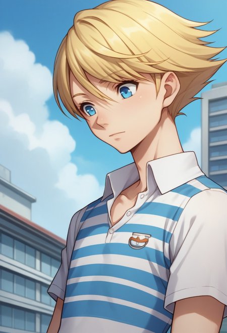 score_9, score_8_up, score_7_up, source_anime, highly detailed, 
teddie, 1boy, solo, blonde hair, blue eyes, striped shirt, male focus, striped, shirt, upper body, short hair, looking down, sulk,
outdoor, sky, building, day, clouds,