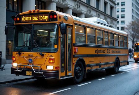 The advertisement on the bus says "donate buzz today"