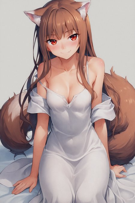 score_9,score_8_up,score_7_up,masterpiece,best quality,
1girl,tail,animal ears,solo,holo,wolf tail,long hair,wolf ears,fang,wolf girl,white dress,red eyes,brown hair,smile,breasts,looking at viewer,collarbone,bare shoulders,off-shoulder dress,cleavage,fang out,blush,bangs,off shoulder,shiny,closed mouth,small breasts,traditional media,looking at viewer,
<lora:Koume Keito_XL_PONY:0.9>,
