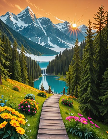 A breathtaking, high-resolution photograph of the most beautiful place on Earth, where natureâs wonders blend in perfect harmony. Towering, snow-capped mountains rise majestically in the background, their peaks glowing under the golden hues of a setting sun. Below, a crystal-clear turquoise lake reflects the colors of the sky, surrounded by lush, green forests filled with ancient trees, vibrant wildflowers, and cascading waterfalls. A soft mist rises from the valley, adding a dreamlike quality to the scene. In the distance, rolling meadows stretch toward the horizon, dotted with colorful flowers and serene wildlifeâgraceful deer grazing, birds soaring in the sky, and butterflies dancing in the breeze. A wooden footpath winds through the landscape, leading to a secluded, tranquil spot where the beauty of nature can be fully admired. The air is crisp and filled with the soothing sounds of rustling leaves, flowing water, and distant birdsong. The sky above is a masterpiece of colorsâdeep oranges, purples, and pinks blending seamlessly as the sun sets, casting a magical glow over this untouched paradise. The atmosphere is peaceful, awe-inspiring, and filled with a deep sense of wonder and tranquility, as if stepping into a perfect dream.
<lora:SDXLFaeTastic2400:0.4> <lora:extremely_detailed:0.4> extremely detailed,Earth P4r4d1s3, <lora:Earth_P4r4d1s3-i:1>, Masterpiece,best quality,hi res,8k,hi res,8k,award winning,(sharp focus, intricate, highly detailed),