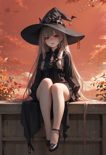 score_9, score_8_up, score_7_up, lvthn, a witch girl, adult, witch hat, sitting_sideways, full body, red sky, <lora:p-skin:1> <lora:sdxl_lightning_8step_lora:1> <lora:LVTHN:1,0,0,0,0,0,0,1,0,0,0,0>