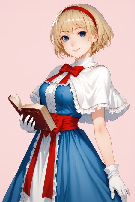 score_7_up, traditional media, 1girl, alice margatroid, blonde hair, solo, dress, blue eyes, gloves, book, blue dress, hairband, capelet, white gloves, smile, short hair, white capelet, short sleeves, pink background, simple background, red hairband, holding book, frills, holding, puffy short sleeves, puffy sleeves, looking at viewer, closed mouth, bangs,  bow, sash, hairband, cowboy shot, red sash, standing
,  <lora:Yamatogawa_PonyXL_dim32:1>