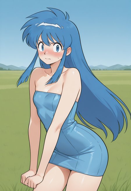 okinu-chan, blue eyes, blue hair, sidelocks, long hair, blue dress, short dress, strapless dress, tube dress, <lora:gs_okinu-chan_illustrious_ver2:0.8>
embarrassed, nose blush,  cowboy shot,, masterpiece, best quality, sensitive,, 1girl, solo, blue sky, (grasslands:1.2), looking at viewer,, (dynamic pose:1.4), (upside-down:-1),