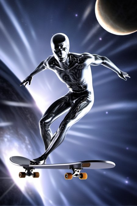 a silver sufer skatebording in space <lora:SilverSurfer1024:0.8>