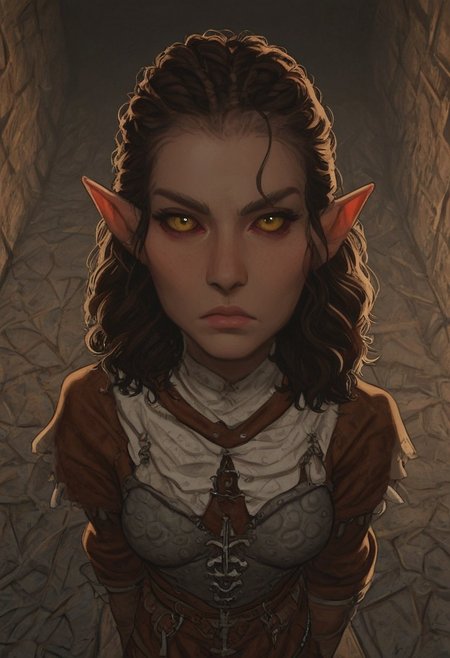 solo, short pointy ears, piercings, random elf face, aquiline features, female dark elf, weathered skin, large nose, insect chitin armor, insect chitin helmet, insect chitin ornaments, stylized insect pattern, athletic build,  animated realism, zoomed out, Syrian features, torso, brass pipes and gears, intricate architecture, dwarven masonry, dwemer fixtures, white-green light, gloomy lighting, ancient ruins, interior, stone tiled floor, grey-blue skin, mahogany and ivory clothes, medium armor, bone plate armor, ivory straps and fittings, alien bone ornaments, grey wood neckguard, deep red sclera, black pupils, blue-green light, neon, highly detailed, defined features, looking at viewer, three quarters view, from above, dynamic lighting, 22 years old, light and shadows, patterned cloth, annoyed expression, expressive eyes, detailed medieval clothes, medium_breasts, medium hair, wavy hair, thick hair, beaded hair, braided hair, under cut hair, semirealistic, alien elf, spanish features, jewish features, dark red hair, sharp features, pastel green inuit print cloak, nighttime, high detail, absurdres, pretty eyes, detailed eyes, yellow eyes,