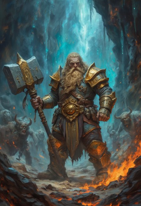 "A powerful, bearded dwarf warrior standing in a dramatic cave setting, surrounded by eerie blue and fiery orange light. He wears heavy, ornate golden armor adorned with intricate engravings and wields a massive, stone war hammer with golden accents. His expression is fierce and determined, his long, braided beard adding to his imposing presence. In the shadows around him, grotesque, horned creatures lurk, their faces twisted in fear or anger. The cave walls are jagged and icy blue, with a fiery glow emanating from cracks in the ground, creating an intense, high-fantasy atmosphere filled with tension and adventure. The scene is vibrant and detailed, evoking epic fantasy and heroic resilience."