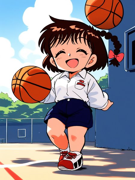 score_9, score_8_up, score_7_up, source_anime, rating_explicit, BREAK <lora:Shinba_Kurumi_XL:1>Shinba_Kurumi, brown hair, closed eyes, twin braids, hair bow, short hair, short stack, 
1girl, solo, smile, shorts, shirt, bow, collared shirt, long sleeves, closed mouth,  bangs,  standing, bag, open mouth,
sky, day, basketball, ground,