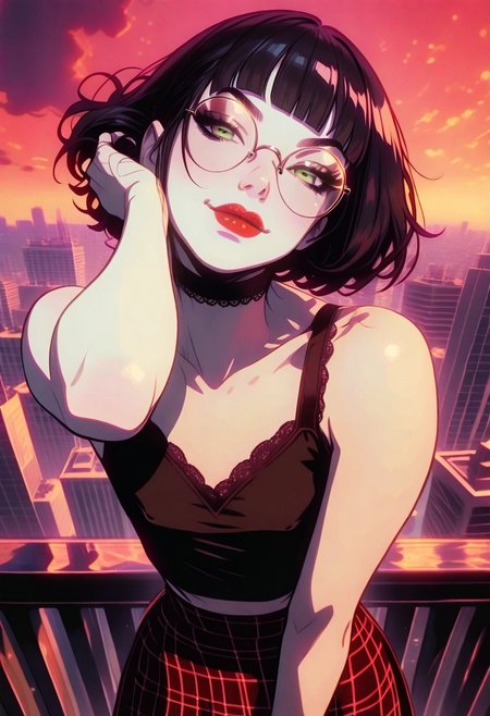 masterpiece, best quality, 32k, high resolution, absurdres, 1girl, Polly, PollyRH, short hair, bobcut, black hair, bangs, green eyes, small breasts, almost flat chest, slim, pale skin, big round eyeglasses, clear eyeglasses lenses, red lipgloss, HD32k, dynamic pose, aesthetic, perspective, solo, detailed eyes, sensual look, pinup pose, urban scenario, detailed background, black-red tint, sunset, sensual look,  goth attire, punk attire, black tank top,nipple peek, (red) tartan skirt, spiky wristbands, chocker,little smile, dynamic  view, fixing own hair