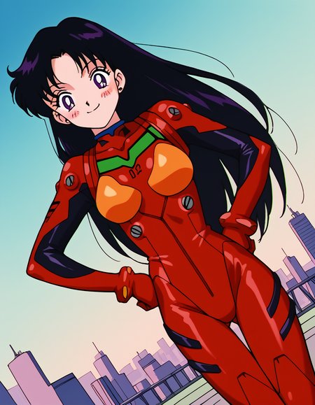 score_9, score_8_up, score_7_up, source_anime, <lora:rei-hino-s3-ponyxl-lora-nochekaiser:1>, rei hino, black hair, diadem, long hair, purple eyes, parted bangs,, <lora:souryuu-asuka-langley-cosplay-ponyxl-lora-nochekaiser:1>, souryuuasukalangleycosplay, souryuu asuka langley (cosplay), bodysuit, pilot suit, plugsuit, red bodysuit, interface headset,, cityscape, smile, blush, hands on hips,, , cowboy shot, dutch angle