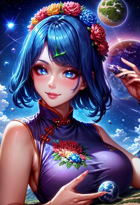 gorgeous lips, cinematic, (masterpiece), (best quality), (ultra-detailed), very aesthetic, perfect composition, intricate details, absurdres, detailed face, (anime, masterpiece, intricate:1.3), (best quality, hires textures, high detail:1.2), score_9, score_8_up, source_anime, 1girl, Liko, blue hair, short hair, green hairclip, blue eyes, very long hair, crystals, flower crown, ruanyi0604, purple dress, china dress, floral print, crystal stiletto high heels, large breasts, facial expression, loving, flirting, amused, smiling, head tilt, soft eyes, jvdaniang, goddess, planet size, giantess, giantess in space, in space, giant goddess, humongous body, lying down on planet, giantess lying down on planet, space, galaxies, small planets, floating objects, gradient eyes, beautiful detailed eyes, Side view, solo, (masterpiece:1.4), (best quality:1.4), (ultra-detailed:1.2), gl0w, glow, Extreme Size Difference,