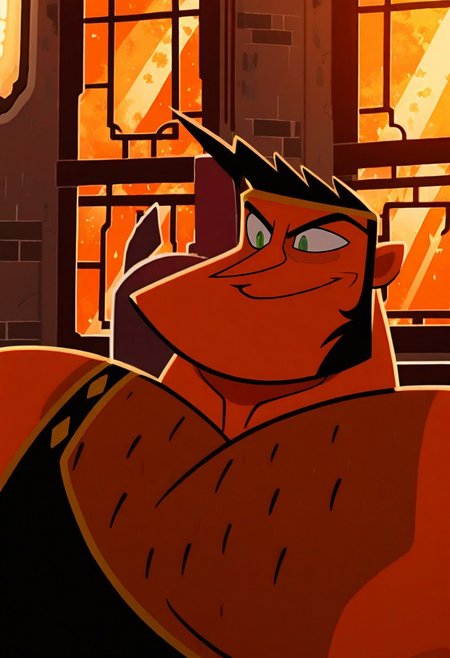 BREAK masterpiece, amazing quality, best quality, high res, HD, 8K, intricate detail, Extremely detailed, detailed eyes, solo, male focus, beautiful, very aesthetic, cinematic lighting, beautiful vibrant colors, show-accurate, dynamic angle, <lora:HimculesV1:1>, Himcules_(mlaatr), tanned skin, black hair, short hair, spiked hair, muscular male, bara, large pectorals, black toga, face focus, upper body, close up, portrait, smirk