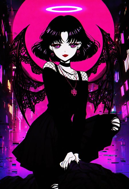 (masterpiece, best quality, good quality, very aesthetic, absurdres),    1girl, solo, eyelashes, (beautiful eyes),   pink neon, goth,  red hair, curvy, glowing, full body, city, neon, fishnets, cyberwings, (glitch), torn clothes, horns, halo, (dynamic pose, close up, incoming attack:1.1), 1girl, solo, looking at viewer, smile, short hair, bangs, shirt, black hair, jewelry, closed mouth, purple eyes, earrings, choker, necklace, parted bangs, black shirt, black choker, lipstick, portrait, red lips, anime coloring, tomoe hotaru, looking at viewer, short hair, black hair, closed mouth, purple eyes, parted bangs, black shirt, black choker, red lips, anime coloring, tomoe hotaru , <lora:GothRetroNAI:1.0>,