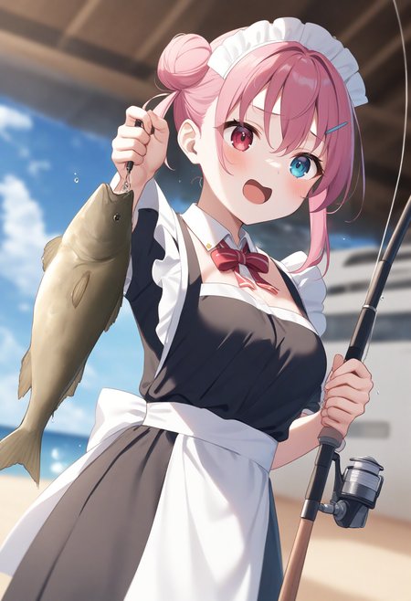 1girl,sincos, ningen mame, toosaka asagi,solo,medium breasts,20yo,maid,maid headdress,
fishing, fishing rod, fish, boat, holding fishing rod, holding fish, ocean, day, arm up, water drop, fishing line, <lora:fishing_XL_v1:0.8>
dutch angle, portrait, looking away, pink hair, heterochromia,bored,  open mouth, hair bun hair,,
best quality, very aesthetic, absurdres