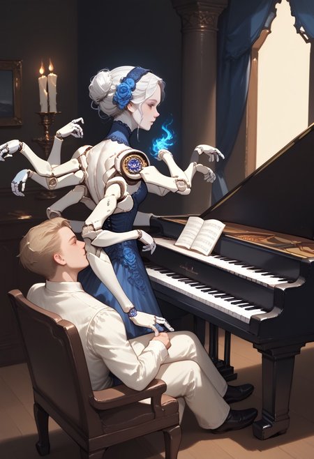 score_9, score_8_up, score_7_up,  score_6_up, d4rkv1b3, dynamic angle, (from above, from behind, back focus), over shoulder, (doll, multiple arms, 6arms, grand piano, sitting, playing piano, hands on piano keyboard:1.2), white hair, white eyelashes, hauntingly beautiful, great lighting, ddpapa, cold colors, porcelaine skin, glowing skin, victorian dress,
BREAK,
shadows, (candles, exquisite fireplace, blue flame, blue fire, cold light), solemn, somber, lonely, cobwebs, golden ornaments, dark theme, deserted gothic mansion,