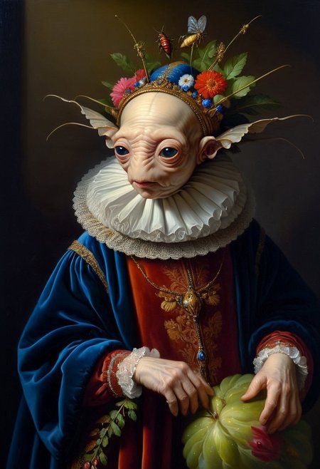 Rembrandt realistic oil painting, retro artstyle, score_9, score_8_up, score_9_up, very detailed, ultra realistic, (best quality) very detailed masterpiece, portrait of an futuristic alien, insect-like alien creature in medieval environment, red and blue velvet, very dark background, baroque style, gold, marble, flowers, very dramatic lighting, much shadow, rembrandt style vermeer style, realistic realistic, realism, photo realistic oil painting, photo realistic painting