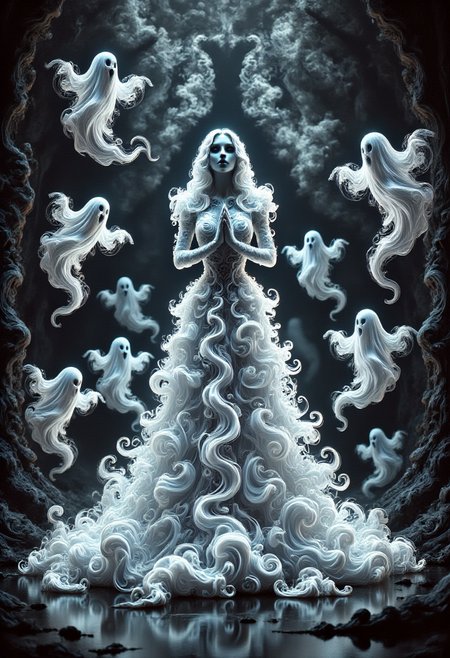 aidmafluxpro1.1, 
A pale woman is wearing a glowing dress made of ghosts. she has a pale skin, detailed blue eyes and red lipstick. She's praying to the idol of a dark cult. The scene is set in a dark twisted forest where swirly ghosts are flying around here.
masterpiece, best quality
