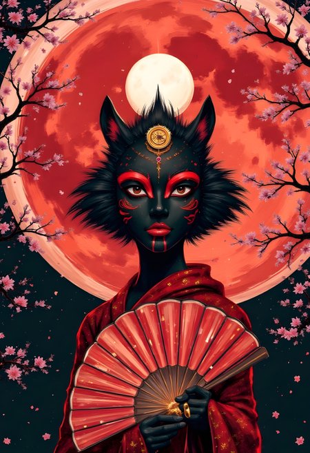 cinna flow, holding an exquisite folding fan in her hand, and her movements are as swift as the wind. She raised her arms slightly, and the fan instantly covered her face. As the fan flipped quickly, her face changed one by one - first a bright red face, and each change was precise and smooth. The dancing of the fan was perfectly synchronized with the switching of the face, which was dazzling and showed the amazing superb skills of folk art. Mask, black face, brown eyes, red lips. There are red swirls on the cheeks and forehead of the mask, and black stripes around the eyes. There is a white orb above the mask, with a gold badge in the center. The mask is slightly tilted to the right. The background is the red moon embedded in a cherry blossom tree.