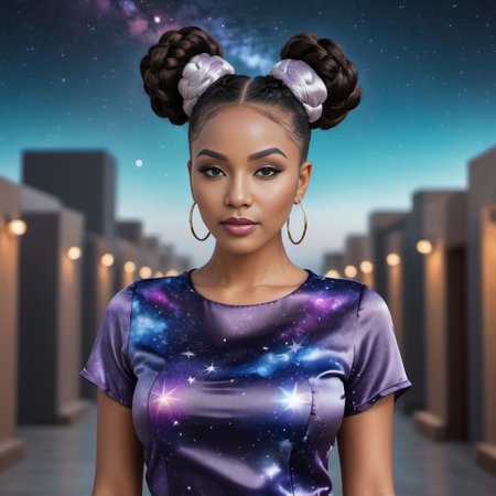 (full body shot) cute one african 40 year old women wearing a Space-inspired designs (galaxies, stars)  satin_teeshirt, Space buns  hair style, hyperdetailed photography,4k textures,intricate details,4k resolution  outdoors scene, ((dark cinematic still))   <lora:satin_teeshirt_v1:0.7>