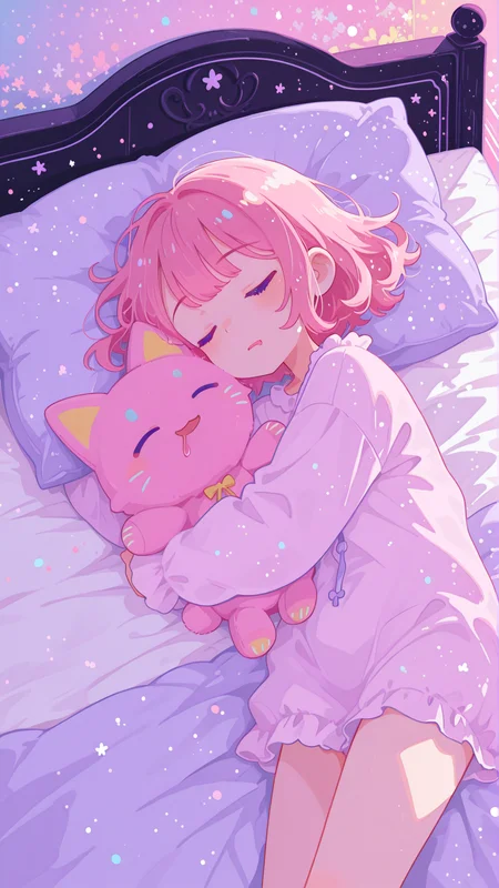 masterpiece, best quality, good quality, newest, highres, absurdres,  vivid colors, flat color, 2D, strong lines, Pop Art, no lineart,no outline,  1girl, solo, 28 years old, CivChan, purple eyes, pink hair, pastel colors, lying on her bed, hugging a pink cat plushie, animal plushies on bed, closed eyes, drooling on her pillow, detailed background, bedroom, on bed, <lora:TQ_Iridescent_Fantasy_Creations:0.8> <lora:MJ52:0.5> <lora:xl_more_art-full_v1:1> <lora:114558v4df2fsdf5:1>  <lora:illustrious_very_aesthetic_v1:0.5> <lora:XXX477:0.2>  <lora:sowasowart_style:0.3>   <lora:illustrious_flat_color_v2:0.6>  <lora:haiz_ai_illu:0.7>  <lora:checkpoint-e18_s306:0.75>