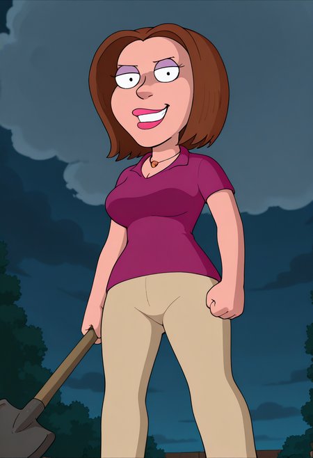 masterpiece, best quality, amazing quality, gr3tch3nm, 1girl, brown hair, necklace, purple polo shirt, beige pants, holding shovel, clenched hand, looking at viewer, evil smile, from below, night, cloudy sky,
