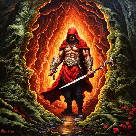 masterpiece, best quality, angry goblin warrior in the forest with arms crossed wearing tethered dirty appeal and red cloak by dnmumfrd <lora:dan_mumford_v09:1.2>, Crystal Caverns . Majestic underground city carved from stunning natural crystal formations, translucent spires, glittering architecture, Heroic Realist sculpture  . Figures with idealized musculature posing dynamically, celebrating ideals of mass utopian culture, Kinetic sculpture  . Moving parts, plays of light, floating shapes, real motion that transforms itself, horror-themed  . eerie, unsettling, dark, spooky, suspenseful, grim, highly detailed, tilt-shift photo of  . Selective focus, miniature effect, blurred background, highly detailed, vibrant, perspective control, Art nouveau style . Ornate organic pattern, floral motifs, curving lines, elegant decoration, gold accents