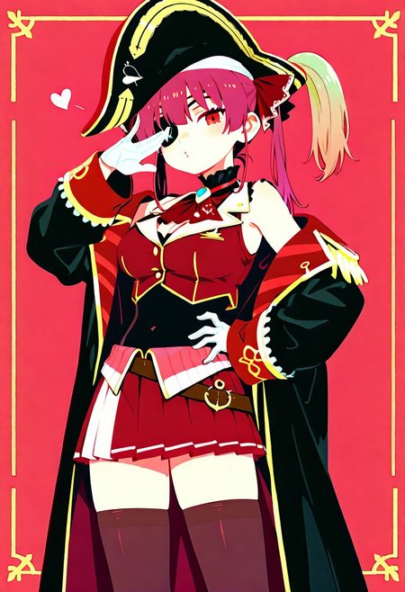 masterpiece,best quality,amazing quality, solo, Houshou_Marine,red_hair, red_eyes, twintails, long_hair, miniskirt, pleated_skirt, red_skirt, black_thighhighs, black_choker, frilled_choker, black_coat, red_coat, two-sided_fabric, brown_belt, white_gloves, cropped_jacket, red_ascot, hair_ribbon, red_ribbon, sleeveless_jacket, sleeves_past_wrists, cleavage, pirate_hat, black_hat, eyepatch ,simple background,red background,pirate flag background,haiz_ai, no lineart,no outline, <lora:ponyv6_noobE11_2_adamW-000017:0.3> <lora:MeMaXL4:0.8> <lora:veluflora-wai:0.4> <lora:haiz_ai_illu:0.7>cute pose,blow a kiss,love symbol,