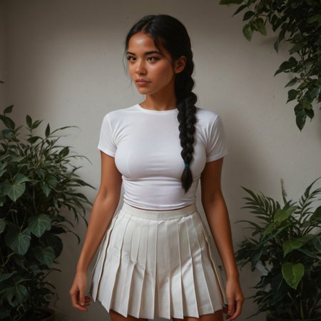 score_9, score_8_up, score_7_up, 18 years old,zPDXL3, Western Comics, 1girl, medium  breasts, , native american, black twin braid hair,white shirt, tight shirt, (white skirt), pleated skirt, cute face, standing, indoor, intricate detail, sunlight,,