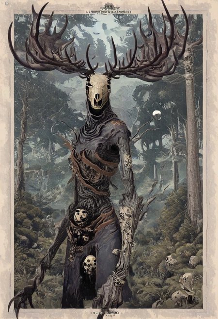 masterpiece, best quality, high quality,nj \(dalo\), (by mizu cx:1.1),by suzukasuraimu, [[lifeline \(a384079959\)]], soukaku \(zenless zone zero\),, W3Leshen, antlers, skull, claws, monster, torn clothes, horns, horror, surreal,[cyberspace],, nihonga, very aesthetic, scenery, forest, mhh, solo, in the style of cksc