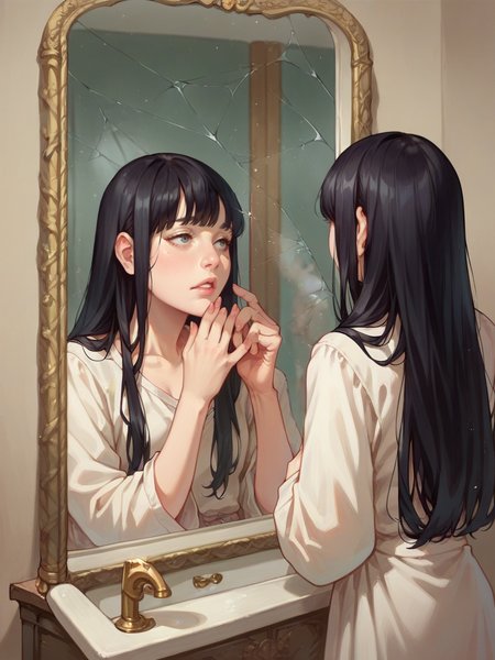 score_9, score_8_up, score_7_up, score_6_up,   <lora:m1rr0rXLP:0.6> m1rr0r, mirror, reflection, long hair, 1girl, black hair