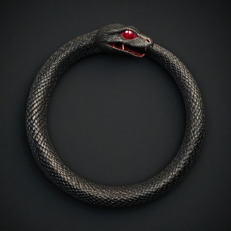Glowing Snake,Ouroboros, 8k, high resolution, fine quality, high quality, very detailed, photo realistic, snake eating its own tail, snake with its tail in its mouth, snake, solo snake, detailxl, background, snake has a ruby as an eye.