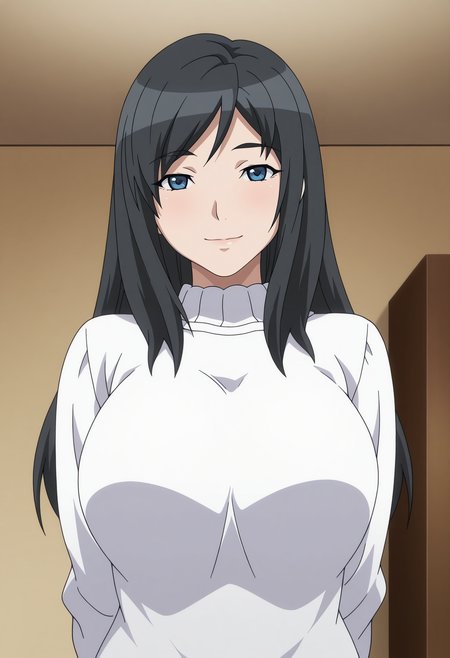 1girl,solo,mm,mature female,black hair,long hair,blue eyes,large breasts,anime coloring,
shirt,upper body, looking at viewer, smile, indoors, 
,masterpiece,best quality,amazing quality,<lora:Nanami_Honda-Soredemo_Tsuma_wo_Aishiteru_ix:0.8>