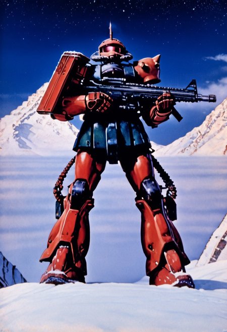 score_9, score_8_up, score_7_up, source_anime, cowboy shot, side view, BREAK, ( garma_zaku, pink monoeye, one eye, looking to the side, holding rifle in both hands, ) 1mech, mech focus, solo, BREAK, snow, ice, ice mountains, dark blue violet sky, night time, starry sky, Realistic, Relaxed, Moonlit, beautiful detailed supreme quality color intricate, dynamic dramatic beautiful full taking, contemporary fine detail, highly detail, dynamic background, positive emotional, background curving upwards,