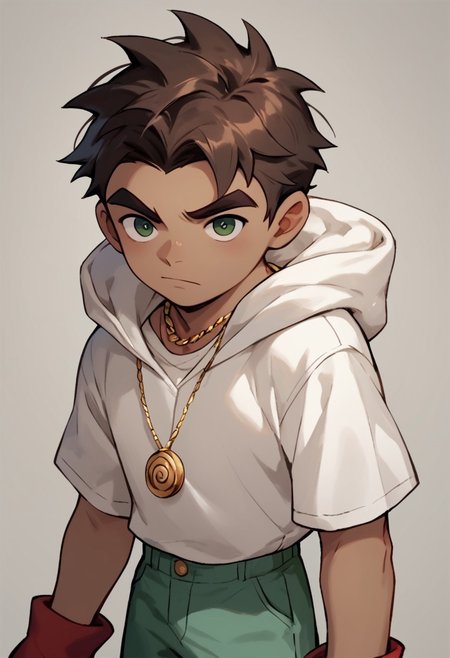 score_9, score_8_up, score_7_up, Raimundo, 1boy, dark brown hair, dark green eyes, tan skin, gold spiral circle necklace, white hoodie, green pants, red white shoes,