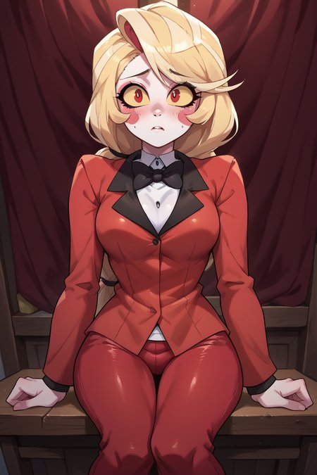 <lora:charliemorningstar:1>,charliemorningstarSDXL,1girl,red eyes,yellow sclera,low ponytail,pale skin,long hair,blush,blonde hair,shirt,long sleeves,very long hair,jacket,cowboy shot,red pants,bowtie,black bow,makeup,colored skin,blush stickers,thigh gap,red jacket,low-tied long hair,black bowtie,cowboy shot,room,room background,sitting,
<segment:yolo-face_yolov8m.pt,0.4,0.5//cid=1>, , score_9, score_8_up, score_7_up, source anime, uncensored, (shiny skin:1.20),