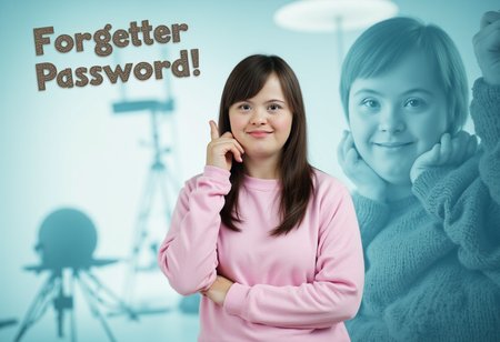 a abstract image where a clothed young lady with Down syndrome is forgetting a password.